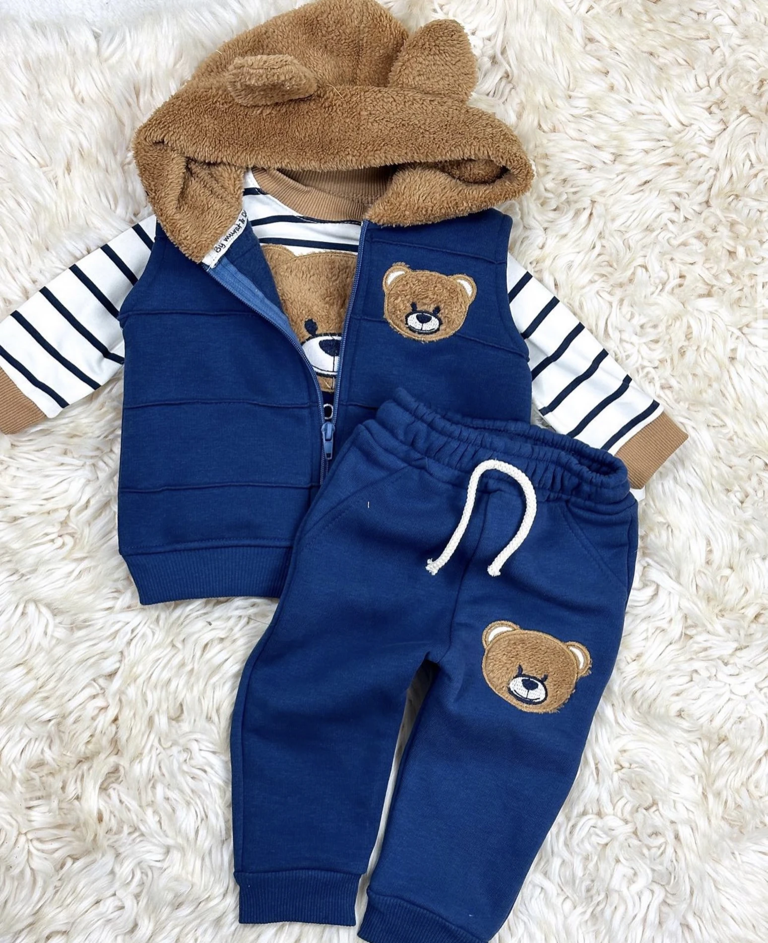 Bebek Takım Yelekli Peluş Şapkalı 6-18 Ay Arası Mavi 
