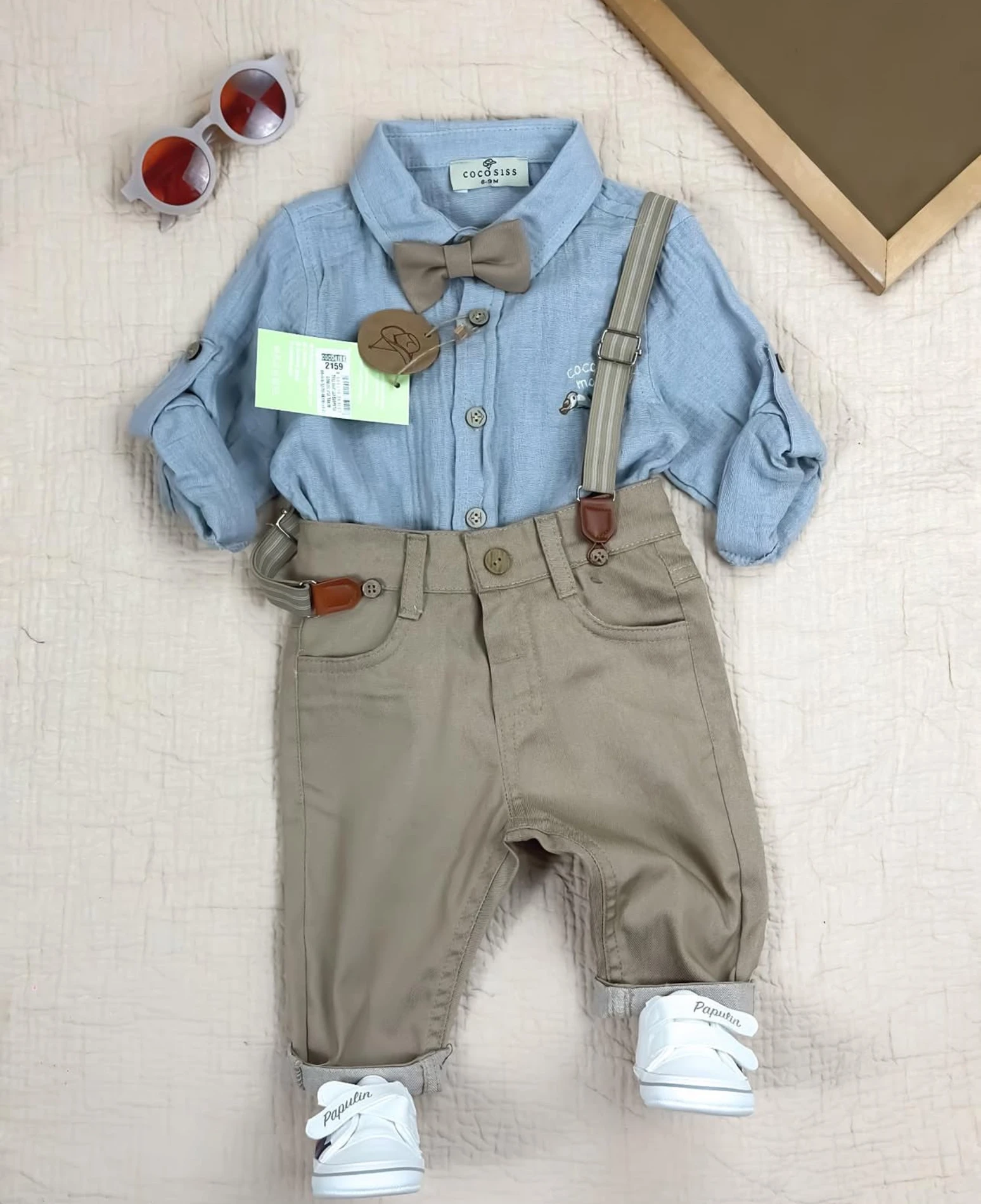 Bebek Takım Müslin Gömlekli Askılı Papyonlu  9-24 Ay Arası  