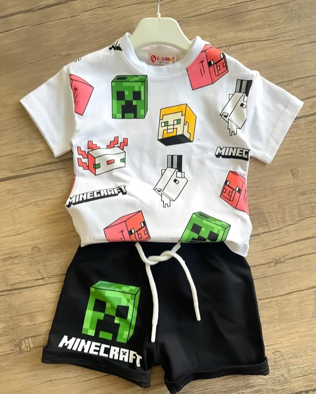 Bebek Takım Minecraft Baskılı Yazlık 6-24 Ay Arası Beyaz