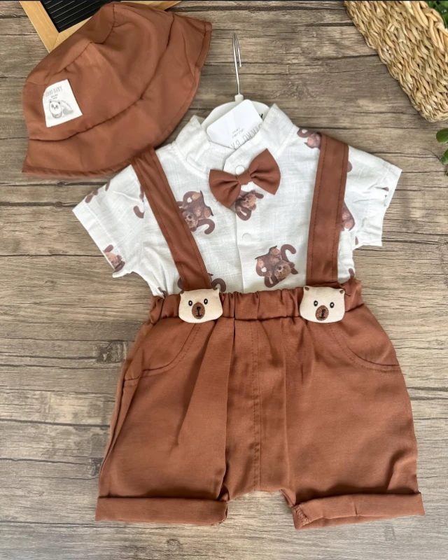 Bebek Salopet Şapkalı Gömlekli 6-18 Ay Arası Kahve
